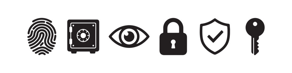 Security and protection icon set featuring fingerprint, safe, eye, padlock, shielded checkmark, and key. © Ірина Гринюк