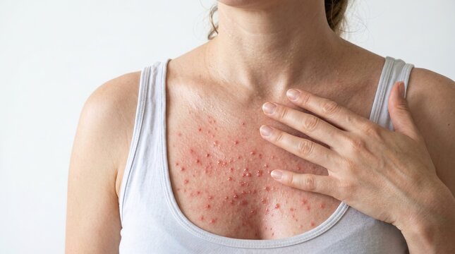 Front view of woman touching highly inflamed skin breakout on chest and cleavage