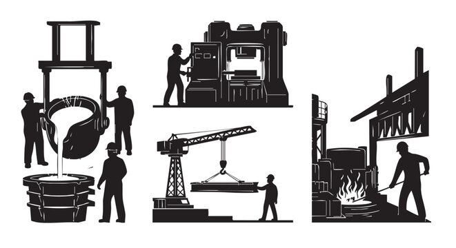 Black and white industrial metal casting process illustration