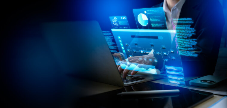AI workflow automation concept. Businessman using AI Agent with coding flow process technology. Software interface nodes and triggers data tools for artificial intelligence and digital transformation