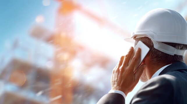 A male engineer in a white hard hat talks on the phone at a construction site.
