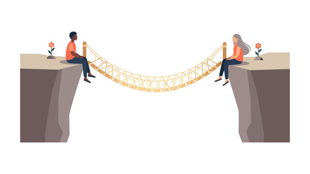 Bridging the Divide: Two individuals, separated by a chasm, connect via a rope bridge, symbolizing the overcoming of distance and the building of connections.