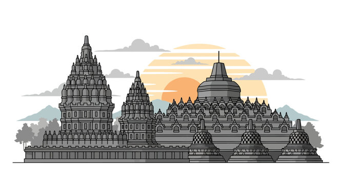 An illustration of Borobudur temple complex at sunset with mountains and clouds.