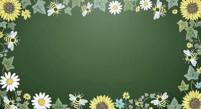 Charming hand-drawn floral and bee border illustration on a dark green background, perfect for spring and summer designs, with ample copy space.