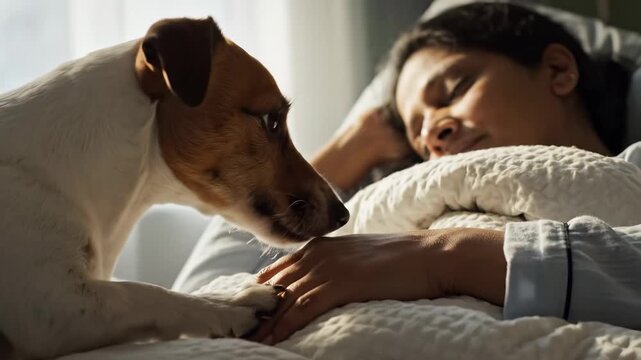 A serene morning unfolds as a loyal dog gently nudges its sleeping companion in a cozy bedroom. Warm sunlight filters in, creating a calming atmosphere of companionship and trust.