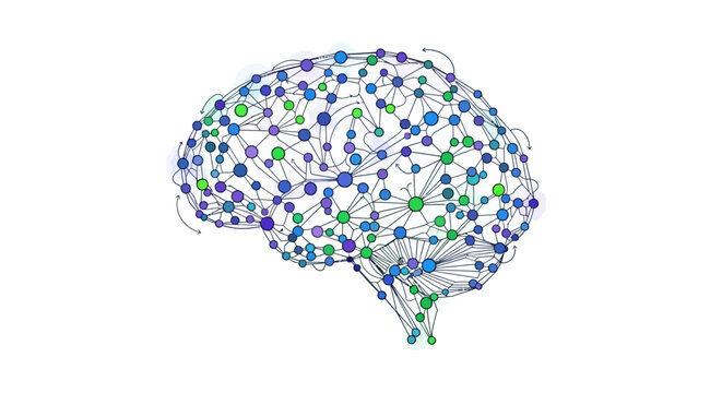 A colorful illustration of a human brain with neural connections and nodes.