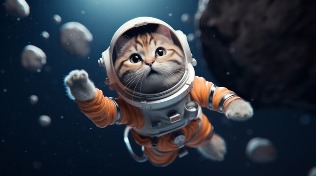 A cute orange tabby cat in a spacesuit floating in space, surrounded by asteroids.