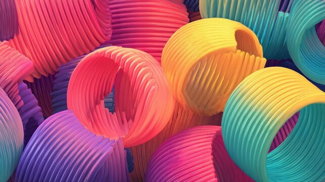 Abstract composition of colorful coiled objects in a vibrant rainbow palette