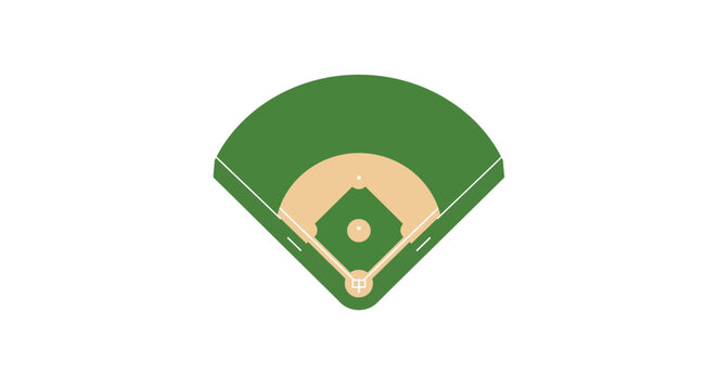 Aerial view of a baseball field with green outfield and infield dirt, diamond shape with bases marked