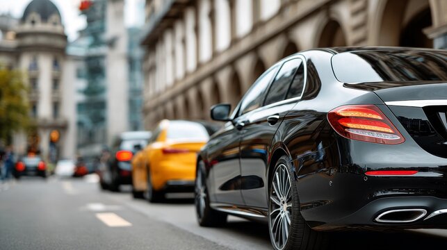 Sleek black sedan parked on a busy city street, blending elegance with style.