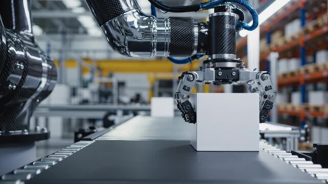 Robot arm handling box on conveyor symbolizing digital transformation and future innovation