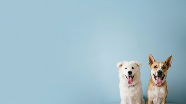 Two happy dogs sitting together on blue background