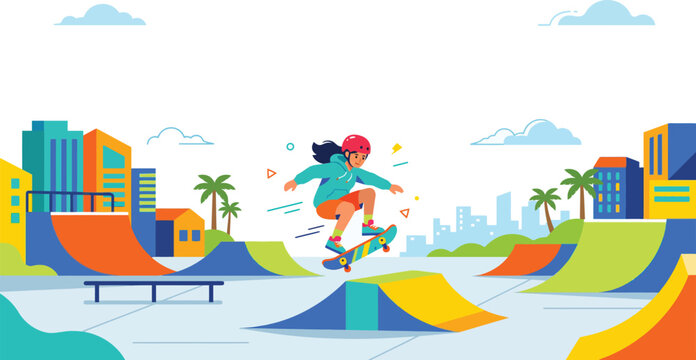 Female Skateboarder Jumping over Funbox at Outdoor Skatepark