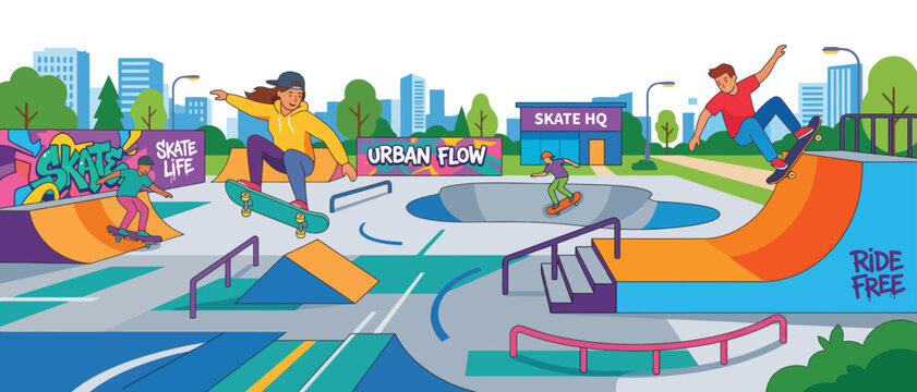 Urban Flow Skatepark Competition with Skateboarders on Quarter Pipe