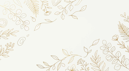 Golden botanical line art frame with leaves and flowers on a light beige background © Saharia
