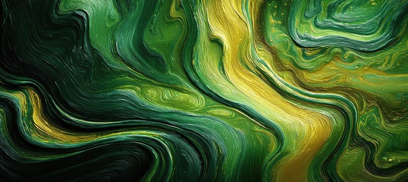 Swirling emerald and gold abstract texture with fluid, marbled patterns