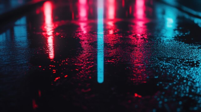 drama. Abstract night scene with neon reflections on wet asphalt, creating a moody cinematic atmosphere. travel magazines, destination branding, designed for travel destination branding.