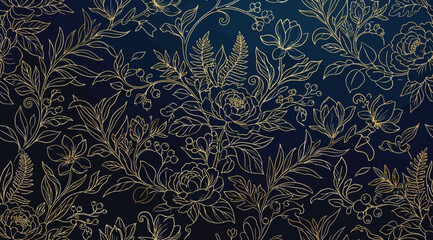 Elegant seamless pattern with golden floral elements and botanical motifs on a deep navy blue background © S.Siam