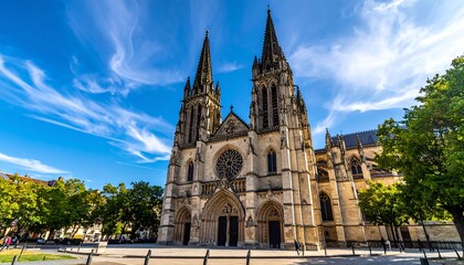 Obraz premium Grand gothic church exterior under blue sky with dramatic clouds