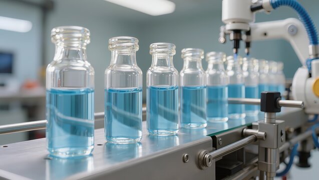 Glass vials filled with blue liquid moving on an automated conveyor belt under a robotic arm in a factory. Concept of pharmaceutical manufacturing, medicine production, and automation
