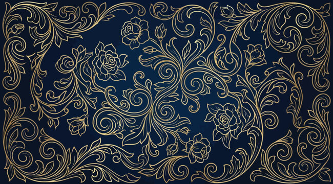 Luxury seamless pattern with golden baroque floral scrolls and roses on a deep navy blue background