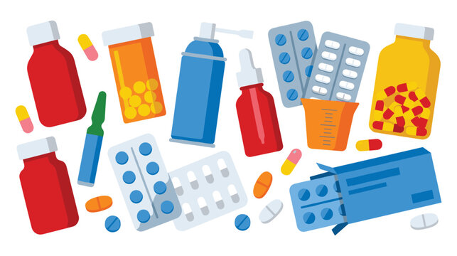 Pharmacy medicine icons with pills bottles and healthcare tools.