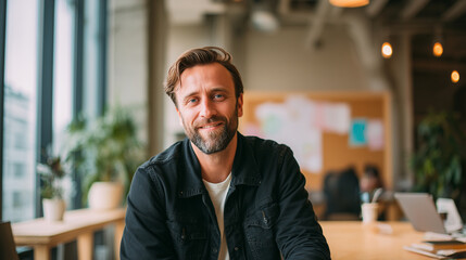 Obraz premium Realistic close up of businessman smiling naturally in coworking office, documentary photography style