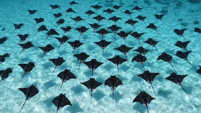A large school of stingrays swimming over a sandy ocean floor.