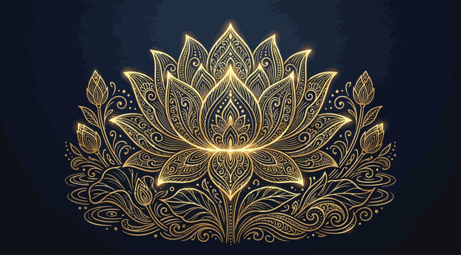 Golden lotus flower illustration with intricate filigree patterns on a dark blue background
