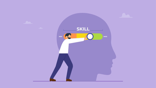 Man pushing progress bar up to maximum position. Skill levels growth, increasing skills level concept.