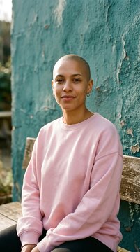 IA generated analog style portrait of a smiling young transgender man with a shaved head wearing a pink sweatshirt. He is sitting on a wooden chair against a weathered turquoise wall in a garden.