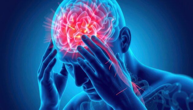 Human brain illustration showing pain or inflammation in the head. Suitable for medical journals, healthcare websites, and educational presentations.