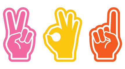 Fototapeta premium Three colorful foam finger hands making peace and ok sign icons.