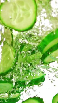 Super slow motion sliced fresh cucumber under water with air bubbles. On a white background.Filmed on a high-speed camera at 1000 fps. High quality FullHD footage