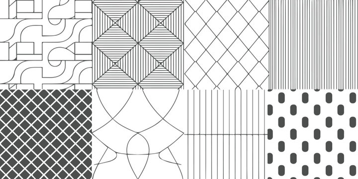 Set of seamless vector patterns with metal grid texture, geometric wire fence line ornaments, and vintage tile decoration element shapes for wallpaper design