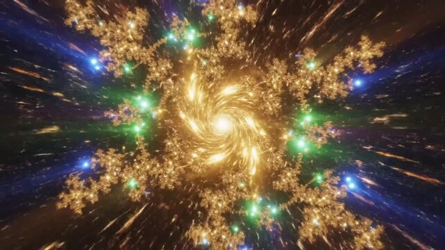 Abstract golden tunnel of light and stars with swirling energy for space travel or creative visualizations.