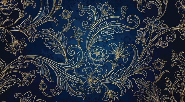Luxury seamless pattern with golden floral scrolls on dark blue background