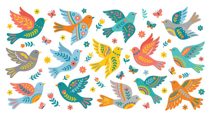 Fototapeta premium Colorful decorative birds and butterflies with floral patterns.