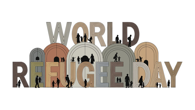 World Refugee Day Illustration: A symbolic graphic art piece representing World Refugee Day, featuring people silhouettes interacting with textured word art and stylized doorways.