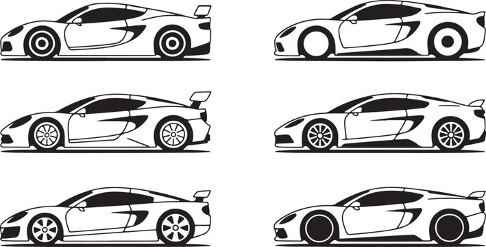 Basic RGBSports Car Side View Vectors Set: Minimalist Outline Silhouettes of Racing Supercars and Exotic Coupes with Spoilers for Automotive Branding whit background