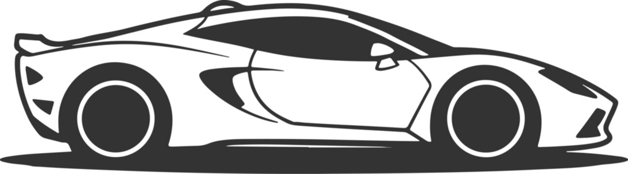 Supercar Side View Vector Silhouette: Aggressive Sports Car Outline with Wing Spoiler for Automotive Racing Logo and Emblem Design