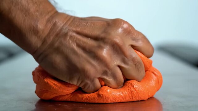 In a calm kitchen filled with warm sunlight, hands intensely knead bright orange dough, showcasing the tactile dance between texture and human creativity. Each movement reflects artistry.