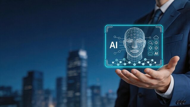 Artificial intelligence concept with wireframe human face and neural network, AI technology, machine learning, deep learning algorithms, future tech innovation, digital