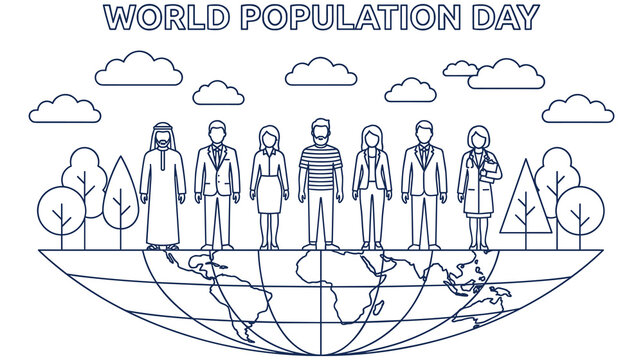 Group of diverse people standing on planet globe world population.