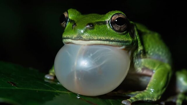 A vibrant green tree frog calling and inflating its throat sac at night.