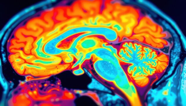 Human brain scan illustration with heat map showing neural activity. Suitable for medical research, science education, healthcare, and psychology.