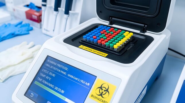 Laboratory PCR thermal cycler with colorful microcentrifuge tubes, automated genetic testing machine for viral detection, biotech research equipment