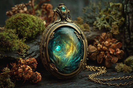 An ornate magical locket featuring an ethereal, glowing nebula, resting among moss and wood in a mystical setting.