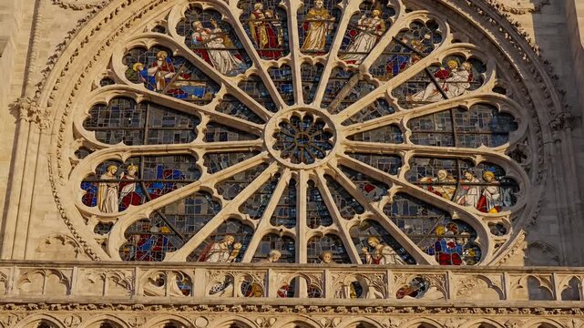 Notre Dame Cathedral Rose Window and Facade Detail in Paris.