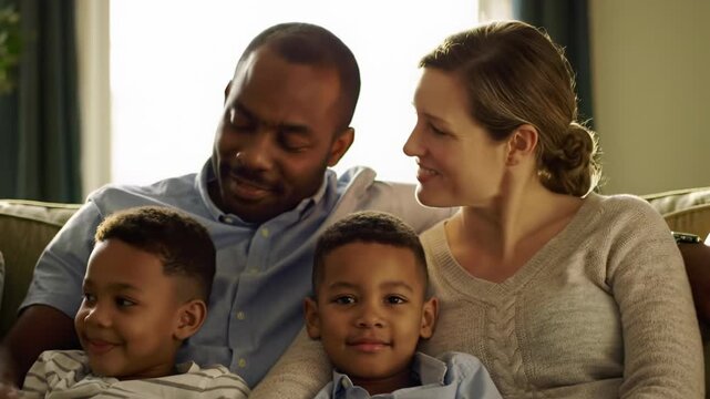A multi-ethnic family of four (two adults, two children) on a plush sofa in a cozy home, bathed in warm golden hour light with soft bokeh, sharing loving glances. Concept of pure family bonding